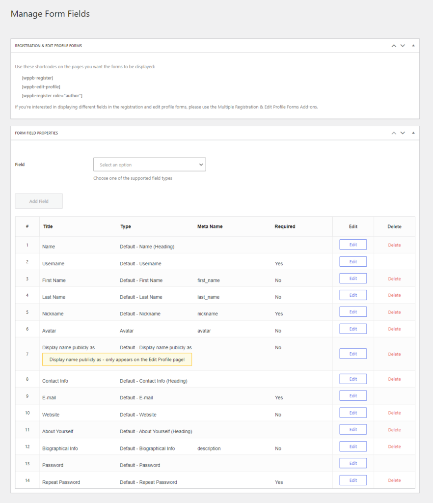 Profile Builder form fields