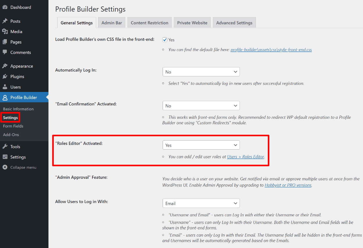 Activate WordPress user roles plugin feature