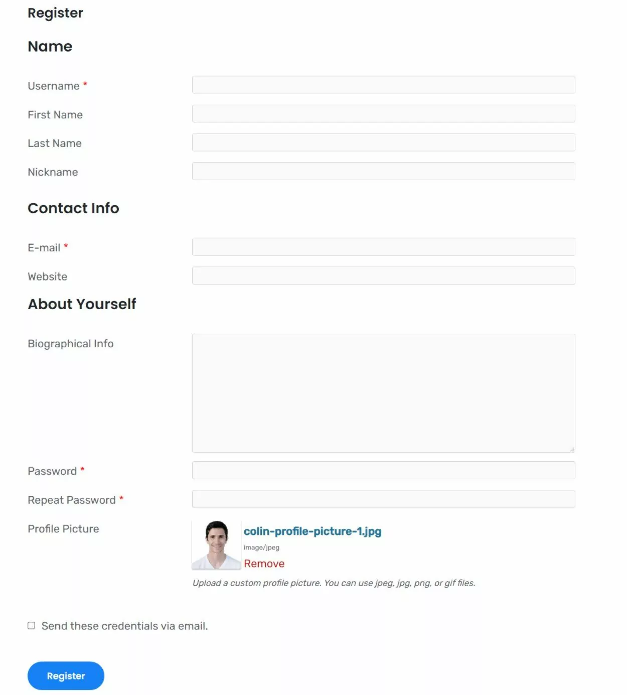 WordPress user avatar field on registration form