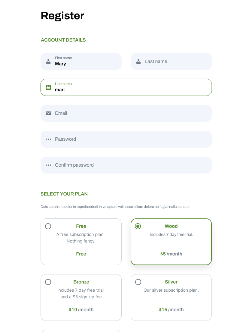 Registration form with subscription plans
