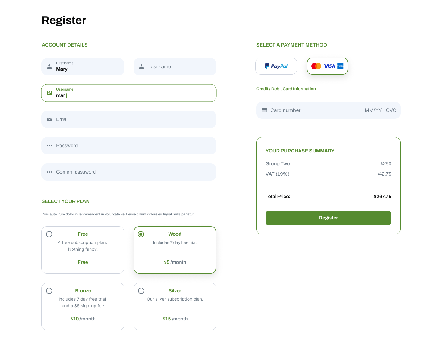 Registration form with subscription plans and payment