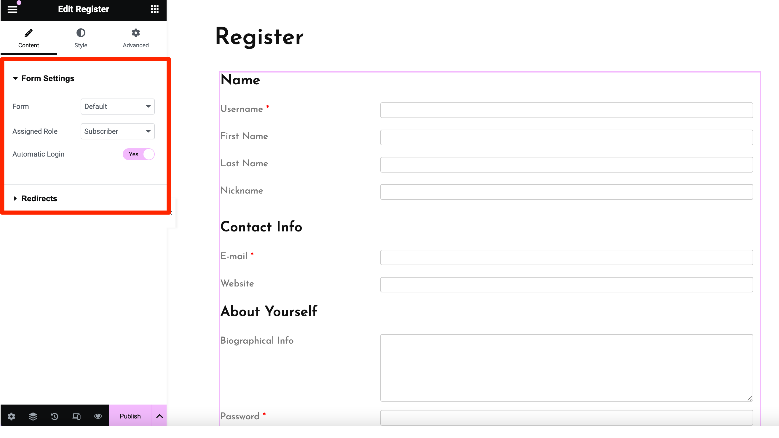 Customizing the Elementor register form widget