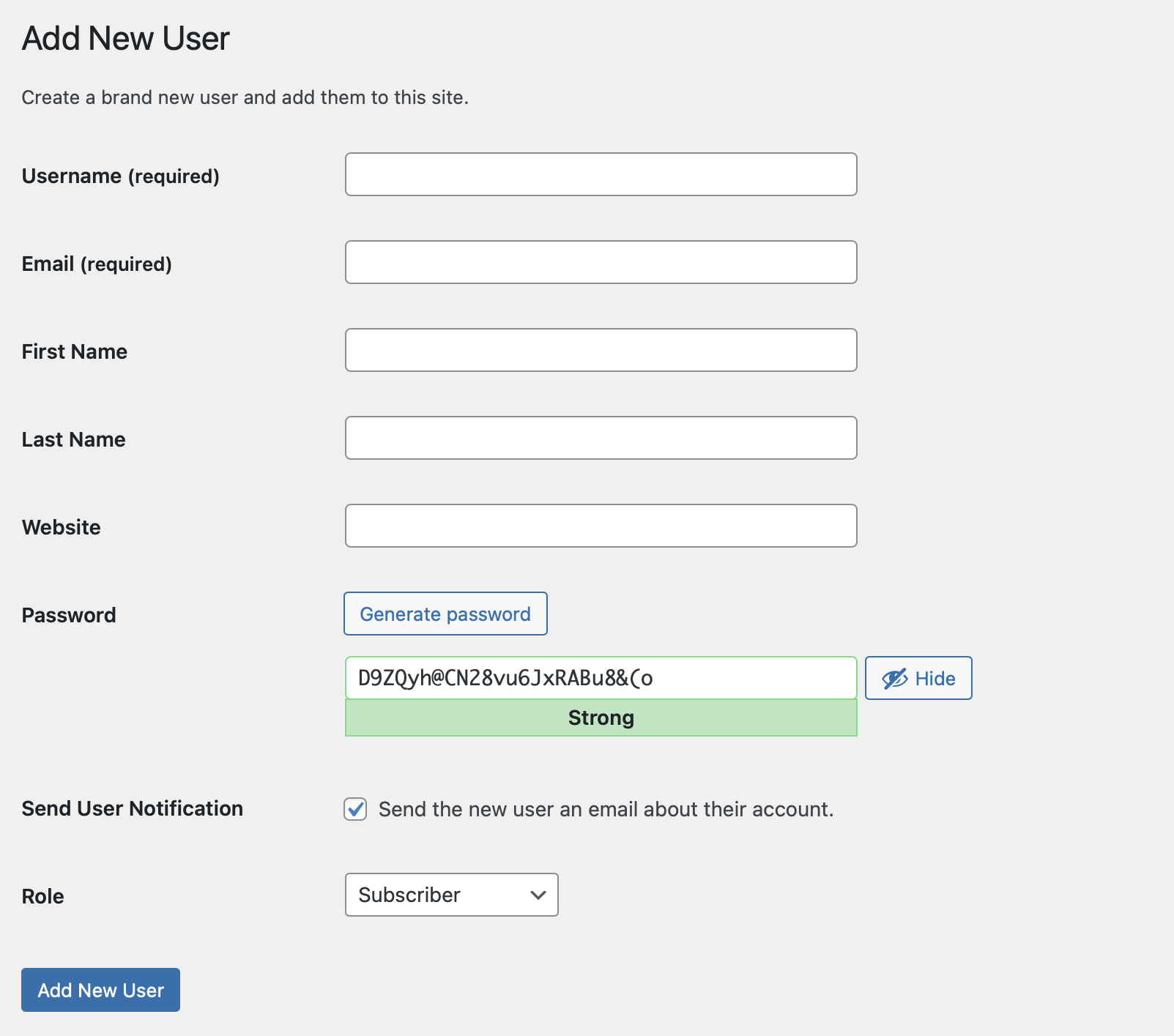WordPress website new user registration form