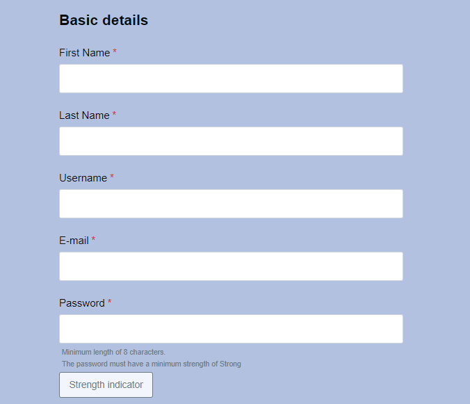 An example of a registration form on the front end, displaying a notice about WordPress password requirements