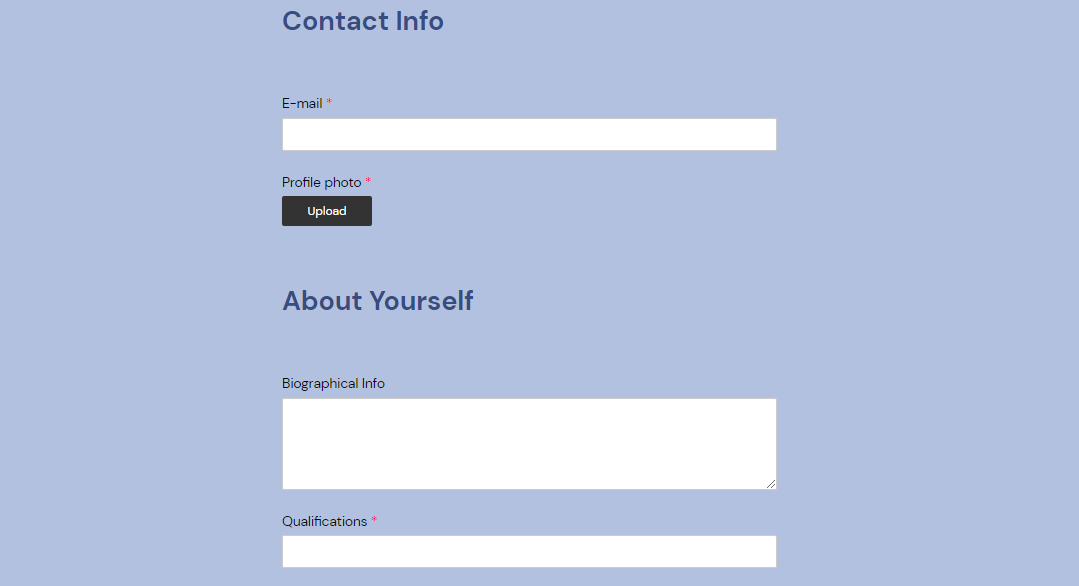 Teacher registration form example on the front end