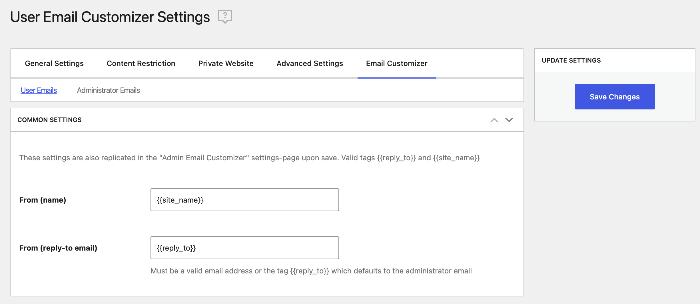WordPress Profile Builder plugin - user email customizer settings