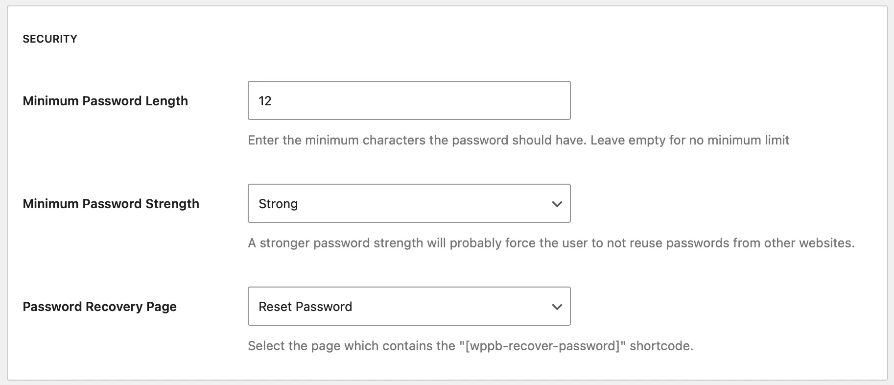 password security settings on Profile Builder
