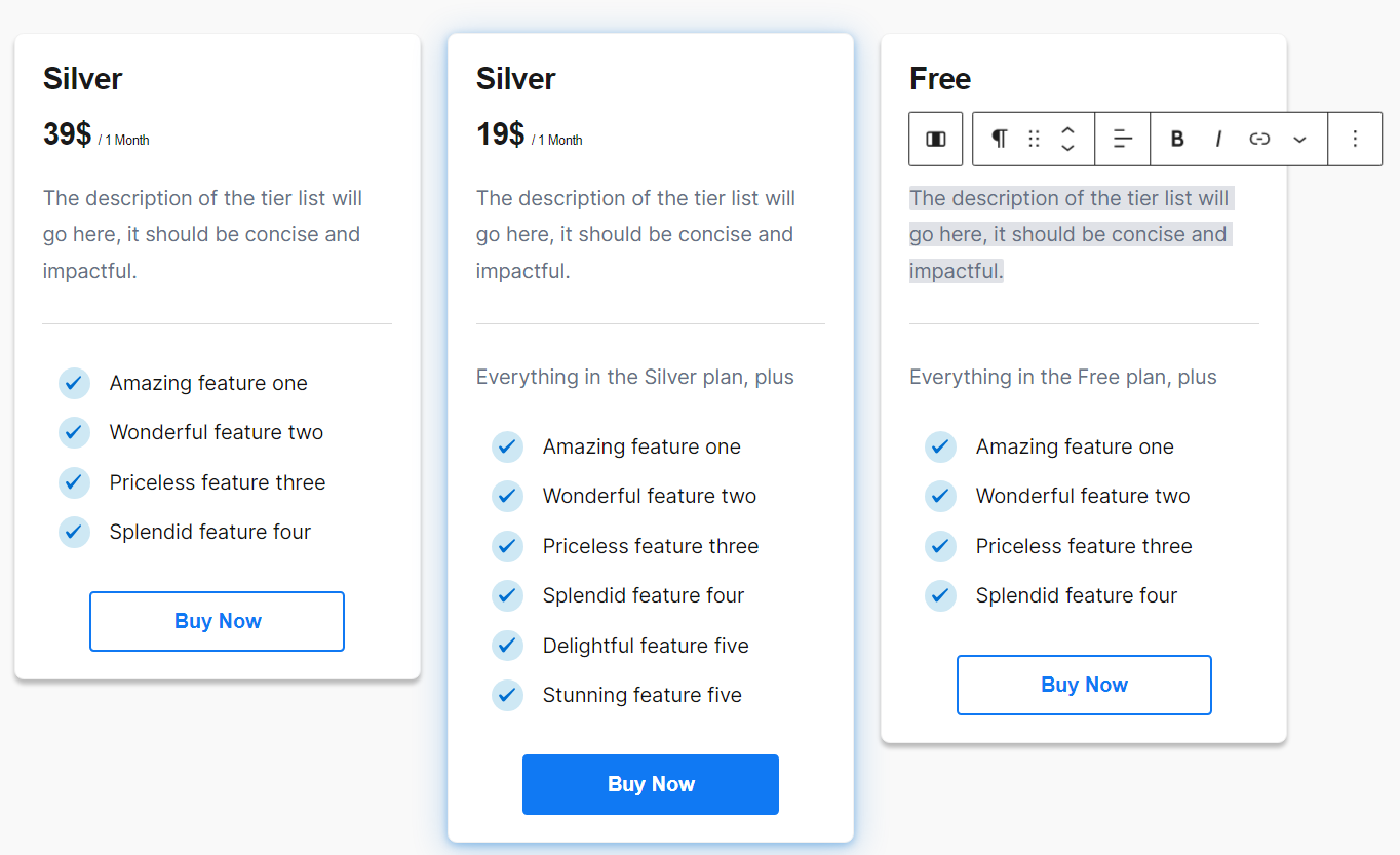 A pricing table created with Paid Member Susbscriptions