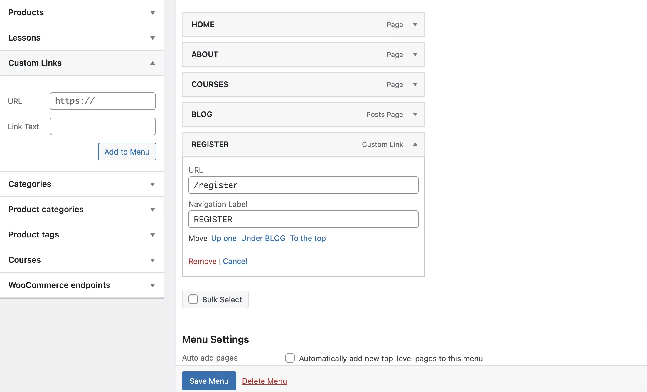 Add a register link to your WordPress menu