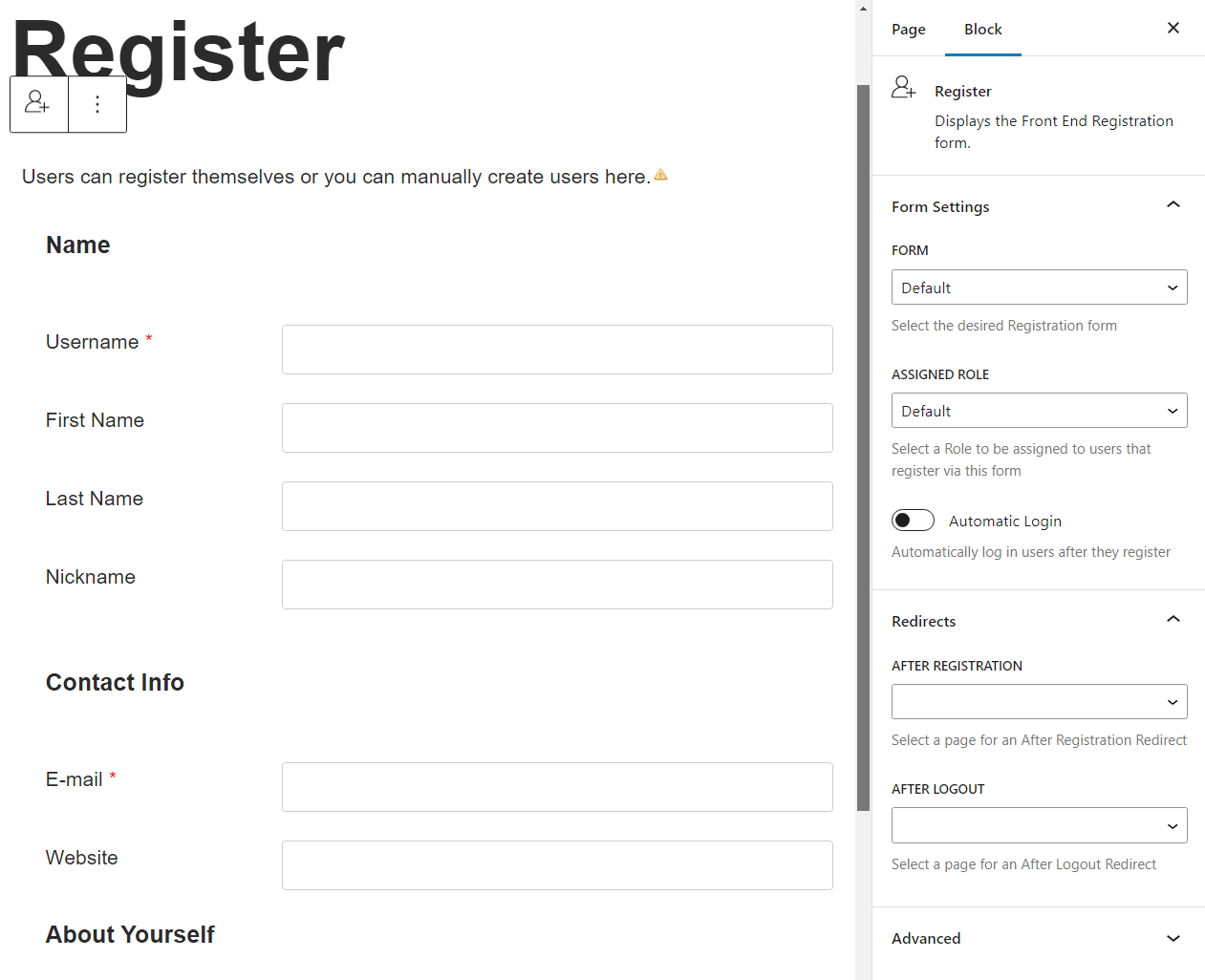 Using the Block Editor to add a user registration block