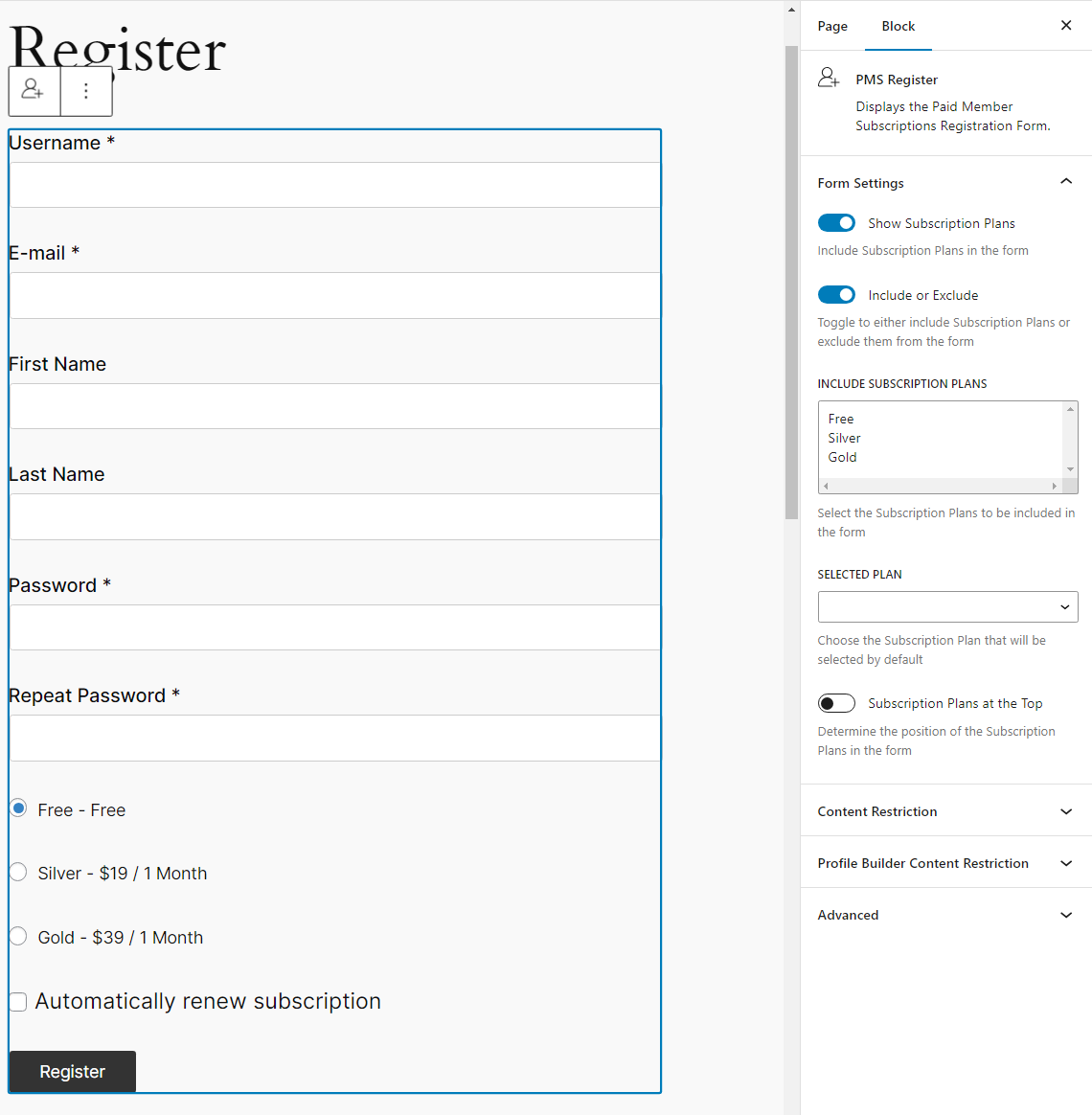 Editing your membership plan register form in the block editor