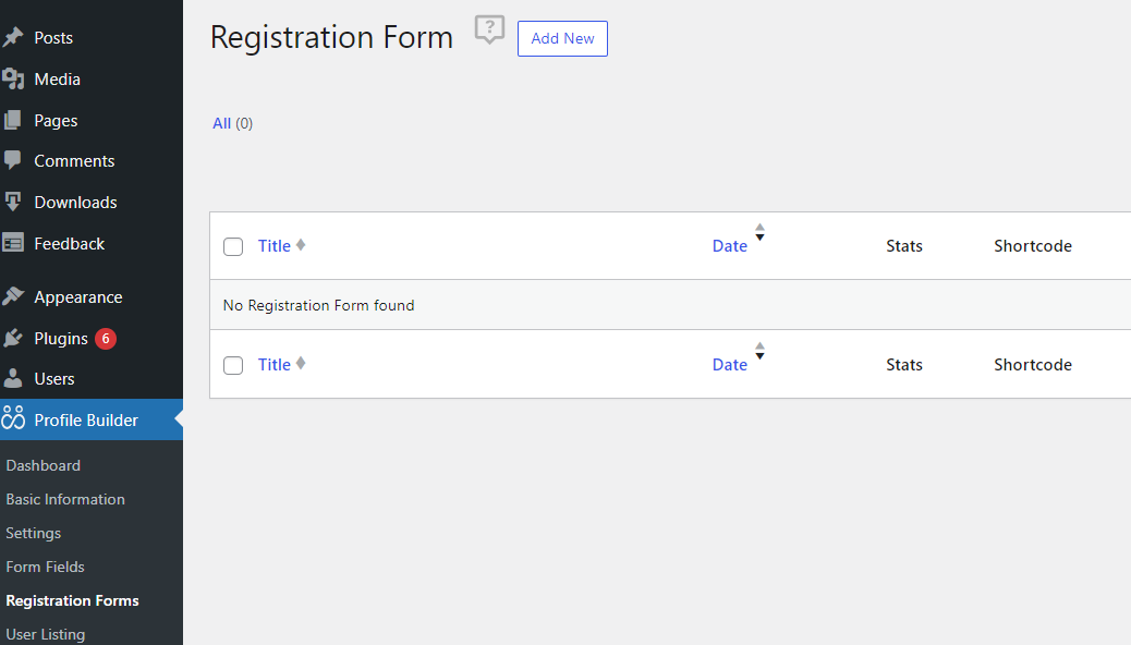 Registration forms menu