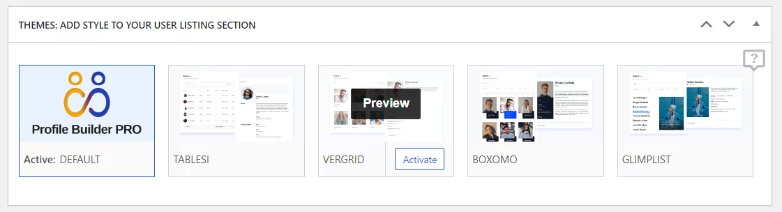 User listing themes in Profile Builder