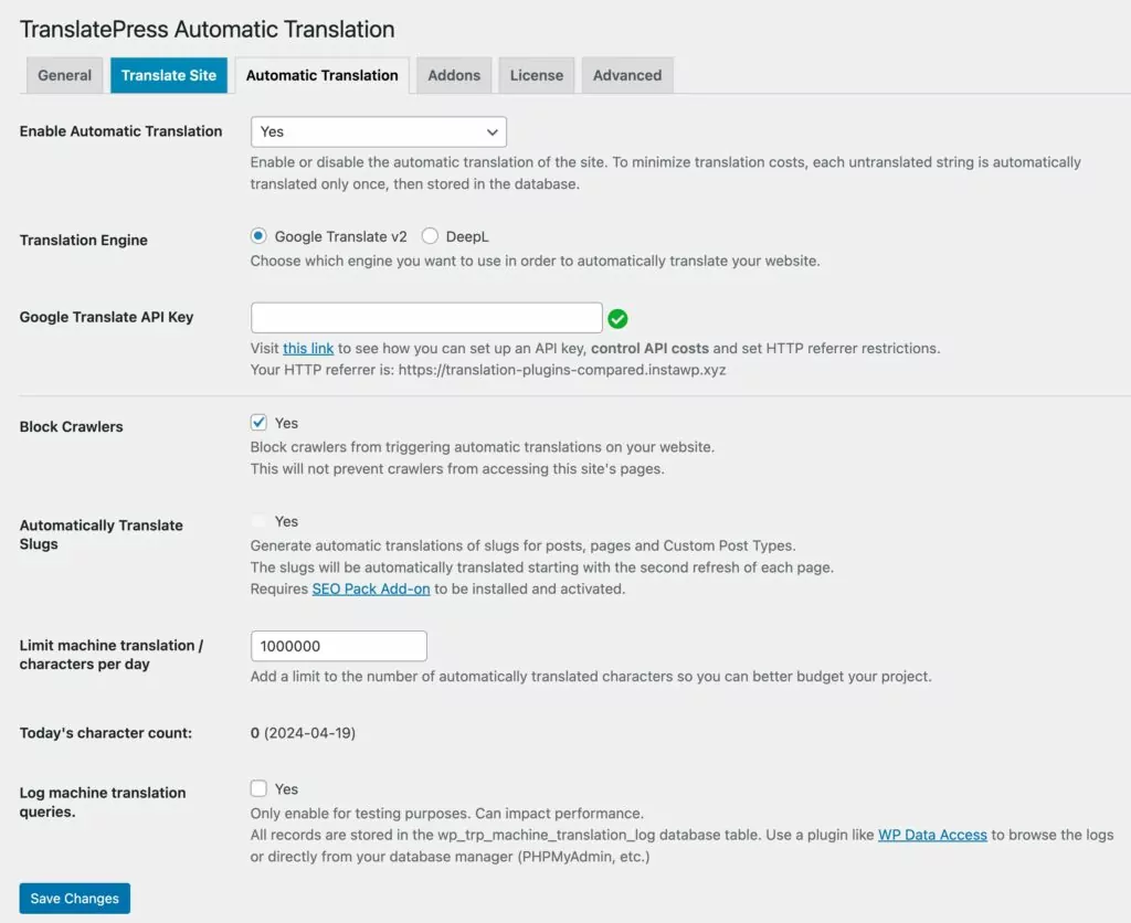Automatic translation settings in the TranslatePress plugin