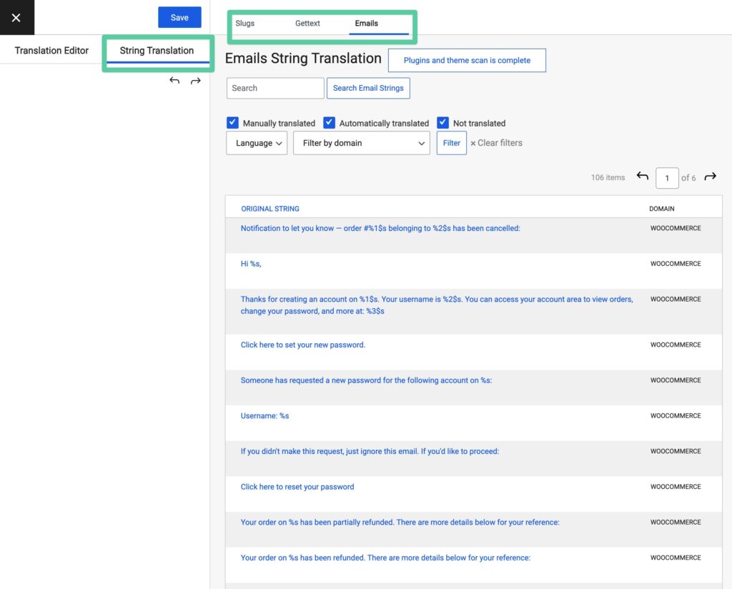 TranslatePress String Translation interface