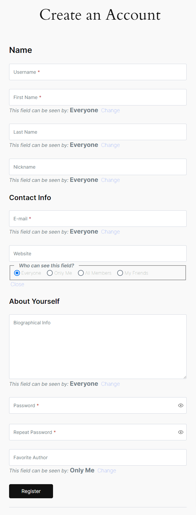 Profile Builder Pro - BuddyPress - Field Visibility Options - Frontend