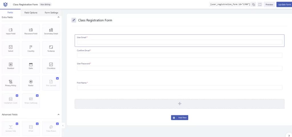 User Registration plugin - Form fields