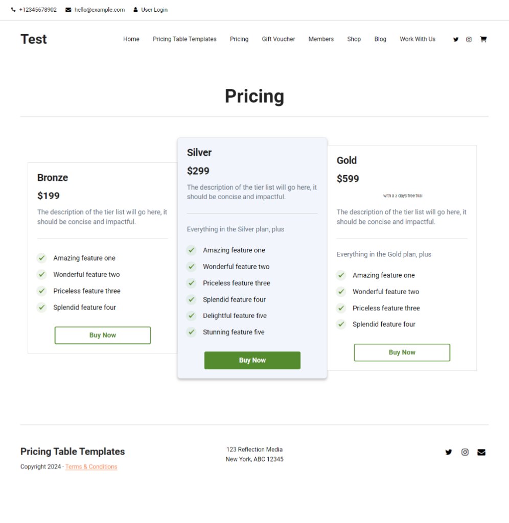 pricing table template example in frontend