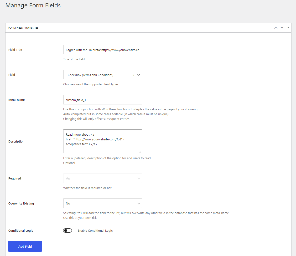 Profile Builder - Checkbox (Terms and Conditions) Field Back-End