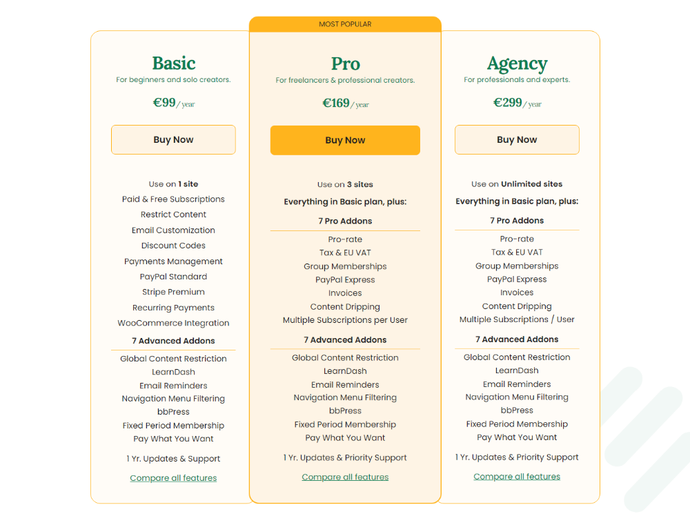 paid member subscriptions pricing table