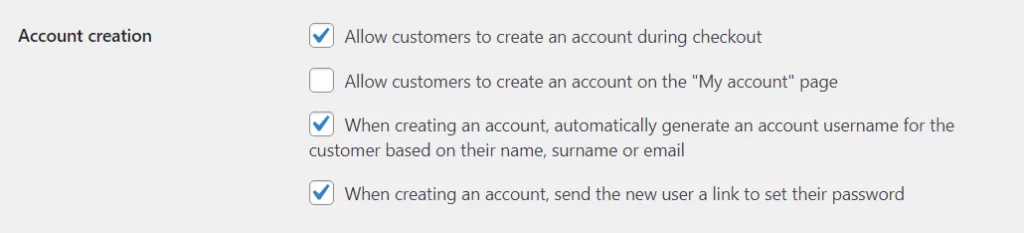The account creation settings in WooCommerce