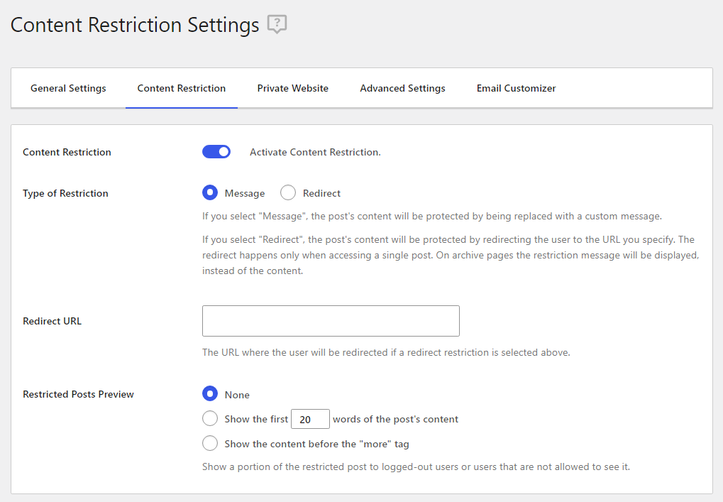 Content restriction options in Profile Builder Pro