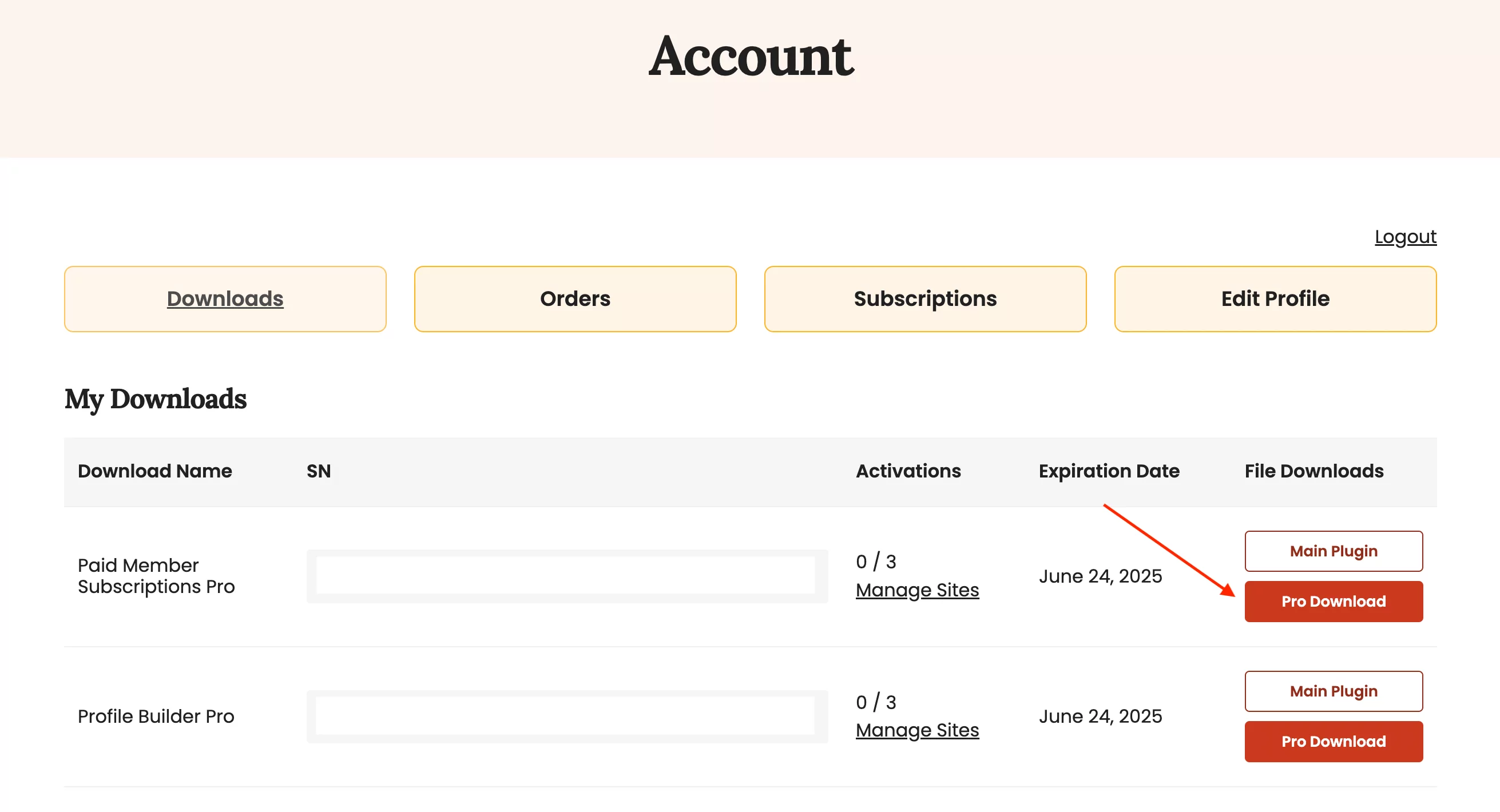 Downloading the file for the pro version of the Paid Member Subcriptions plugin
