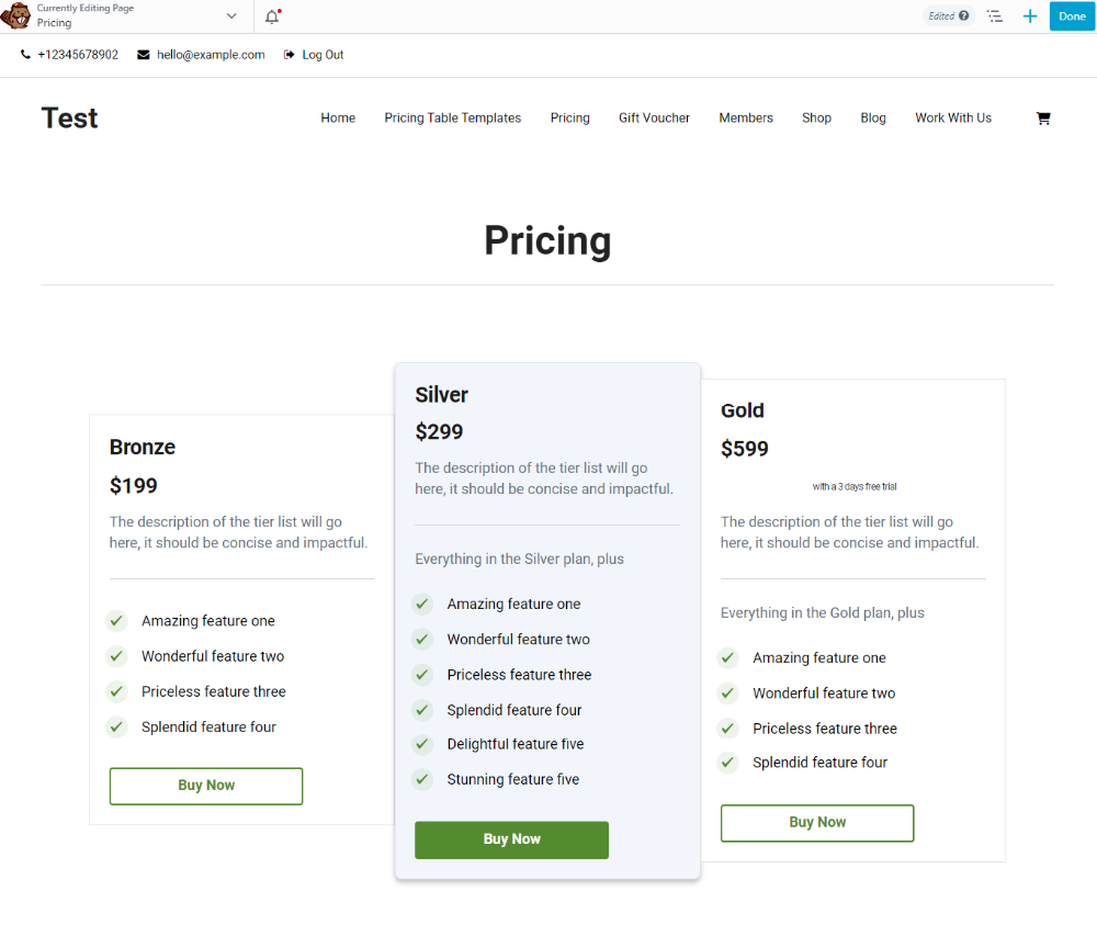 editing pricing table templates in Beaver Builder page builder