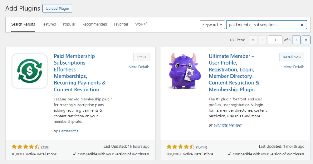 Installing the Paid Member Subscriptions plugin in the WordPress dashboard