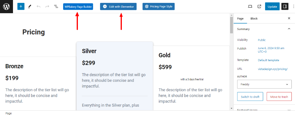 edit pricing table templates in page builders