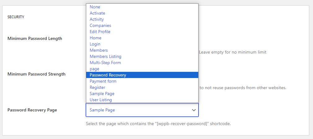 Setting a custom password recovery page