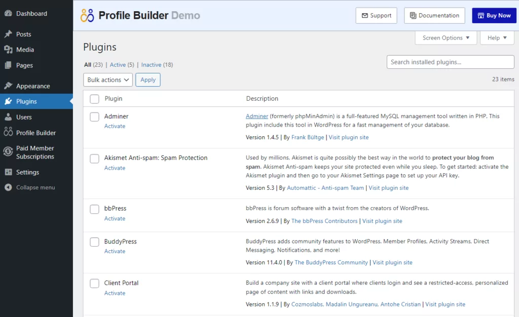 Deciding which plugins to use in the Profile Builder demo