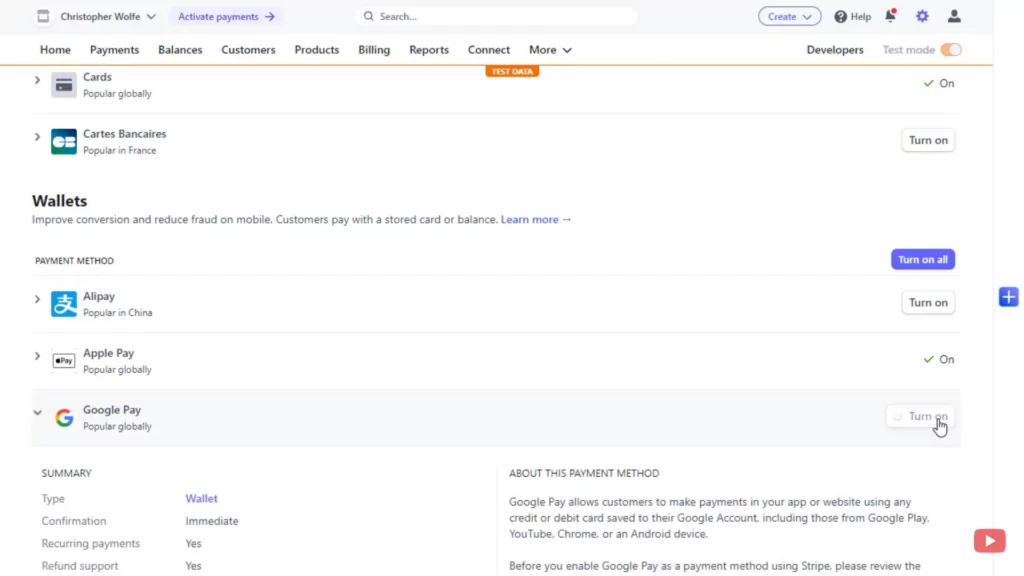 Enable Google Pay in Stripe