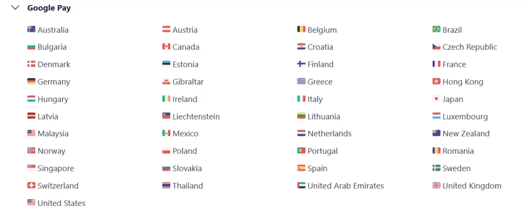 Google Pay supported countries in Stripe