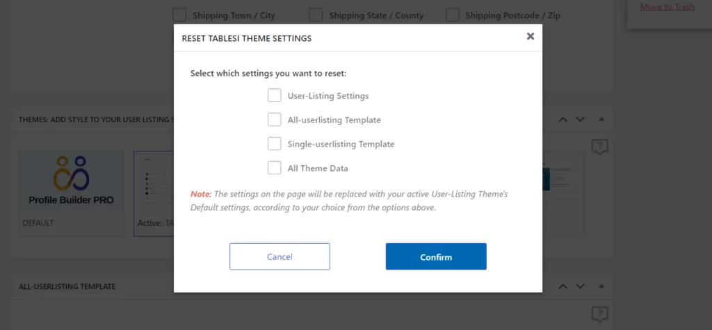 Resetting user listing template to default