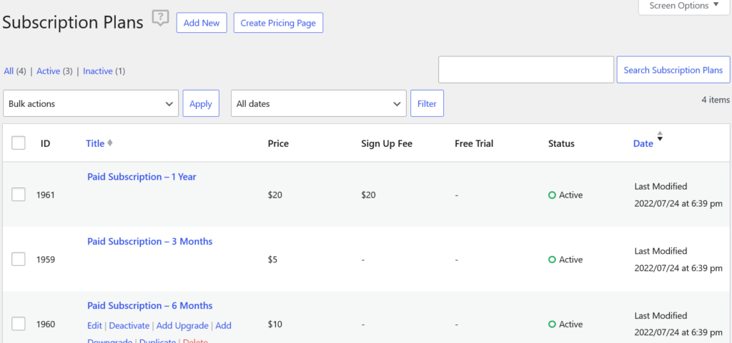 Subscription plan examples in PMS