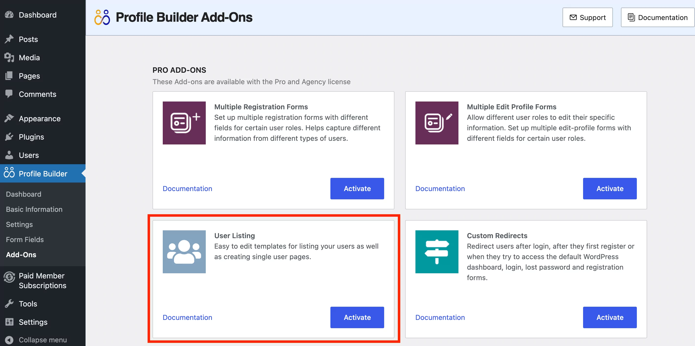 Activating the User Listing add-on in Profile Builder Pro