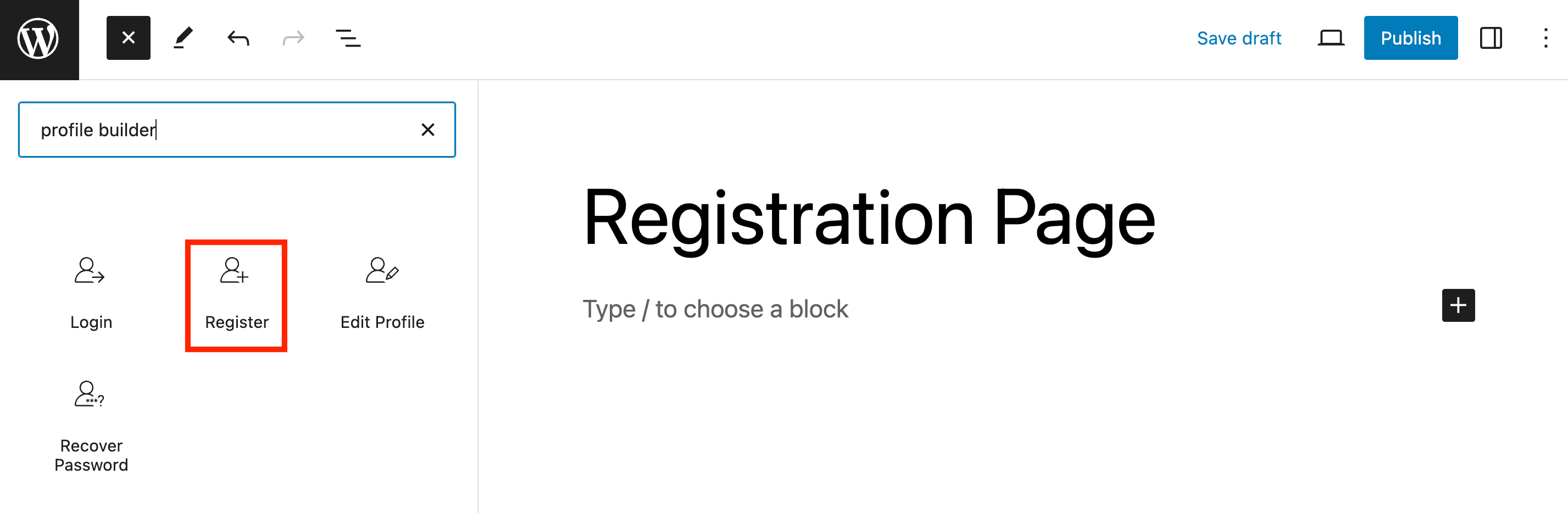 Adding the Registration block in the WordPress block editor
