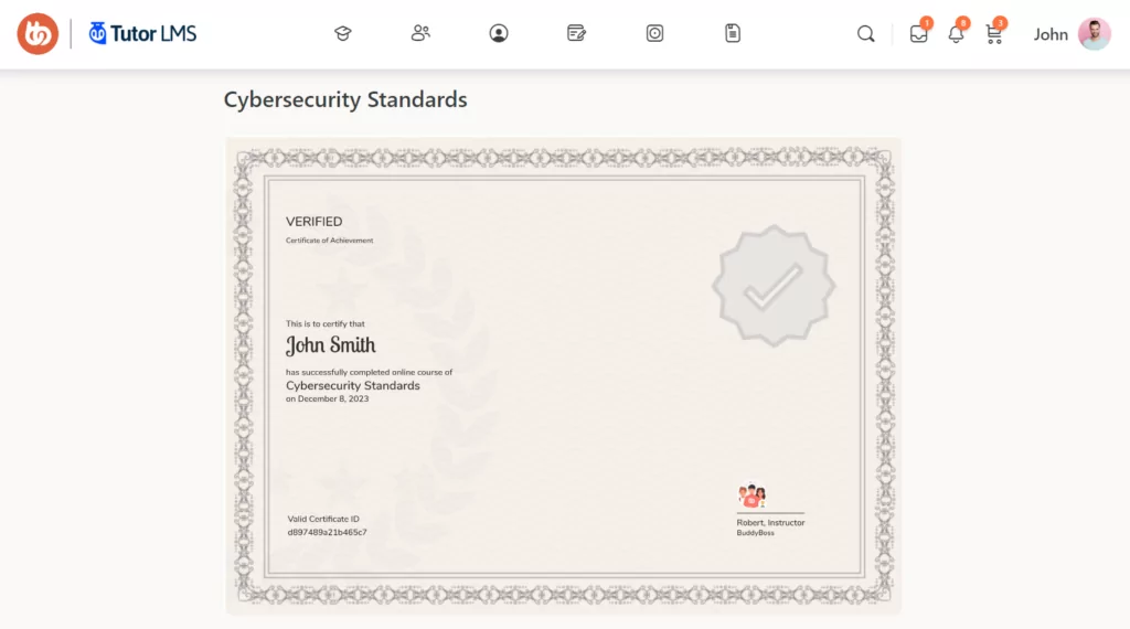 An example of an online course certificate