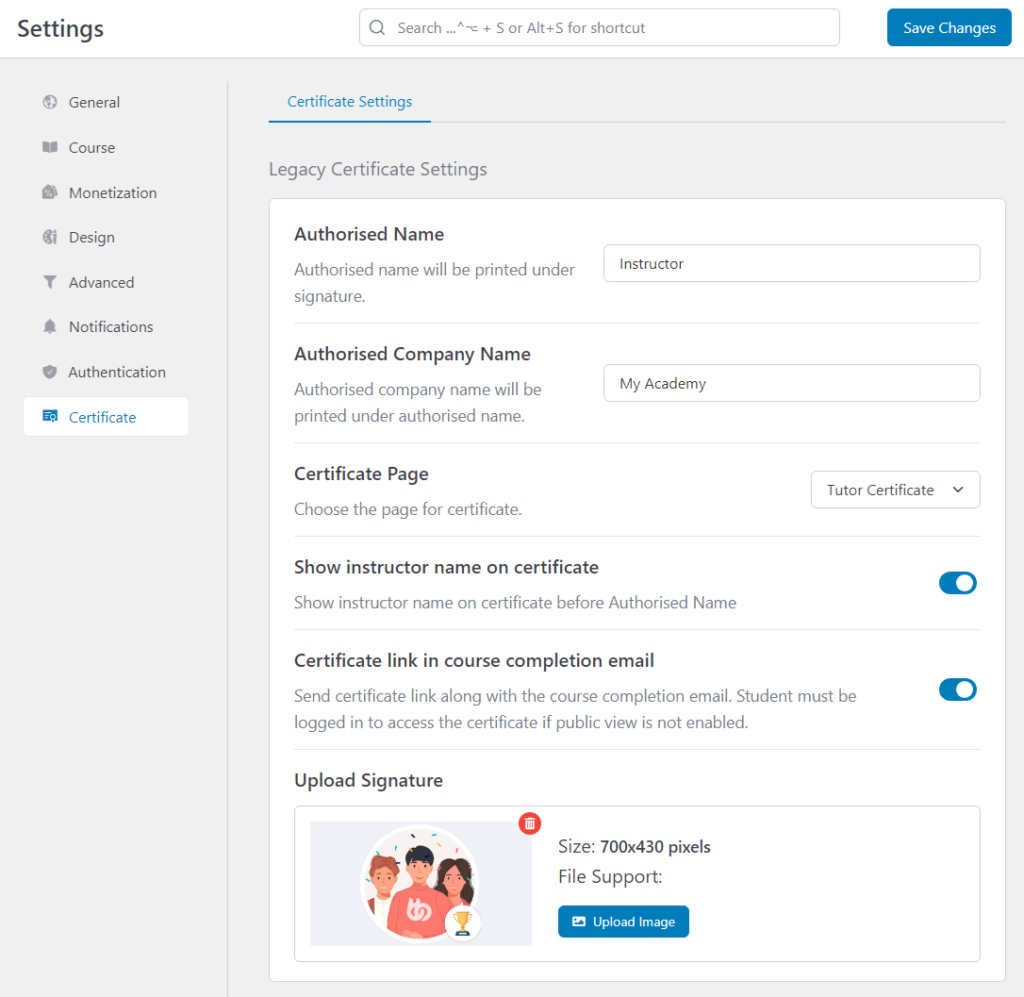 Configuring the template text in certifcates