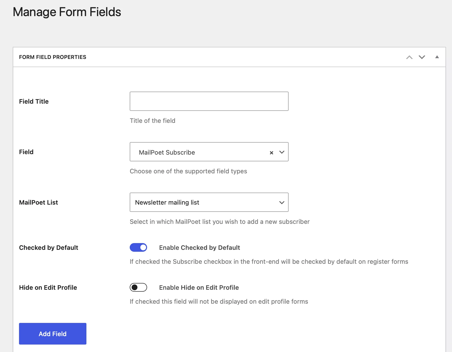Edit the MailPoet Subscribe field with Profile Builder