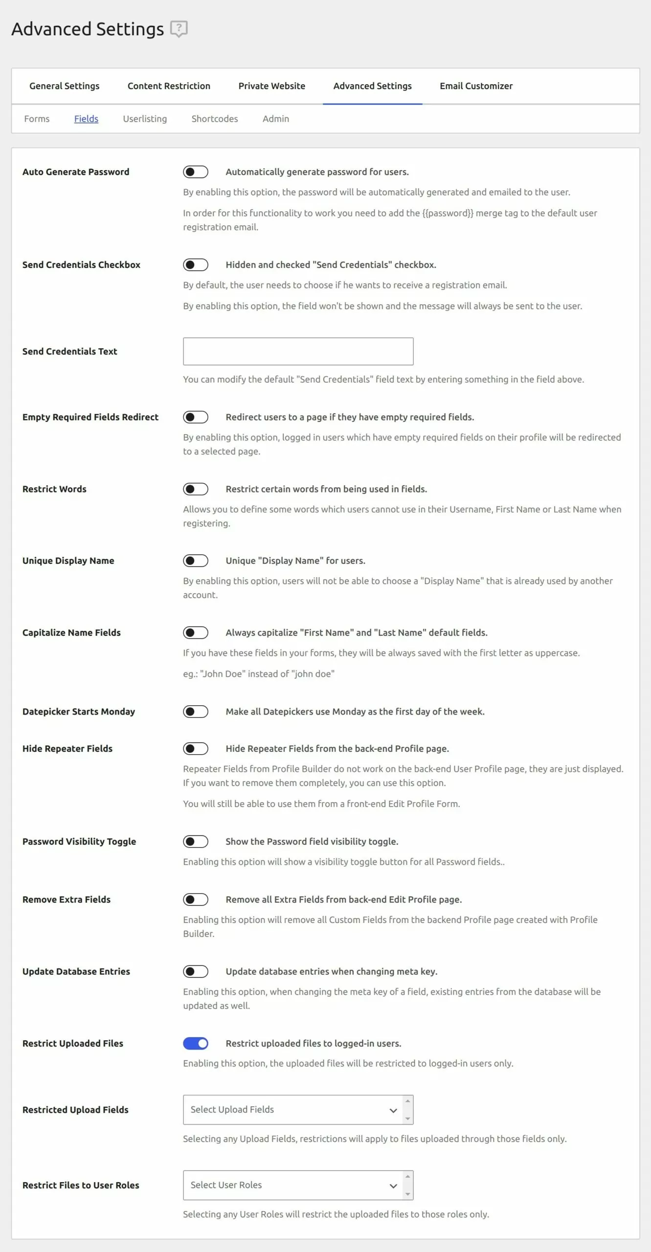 File Restriction Addon Upload Field Settings