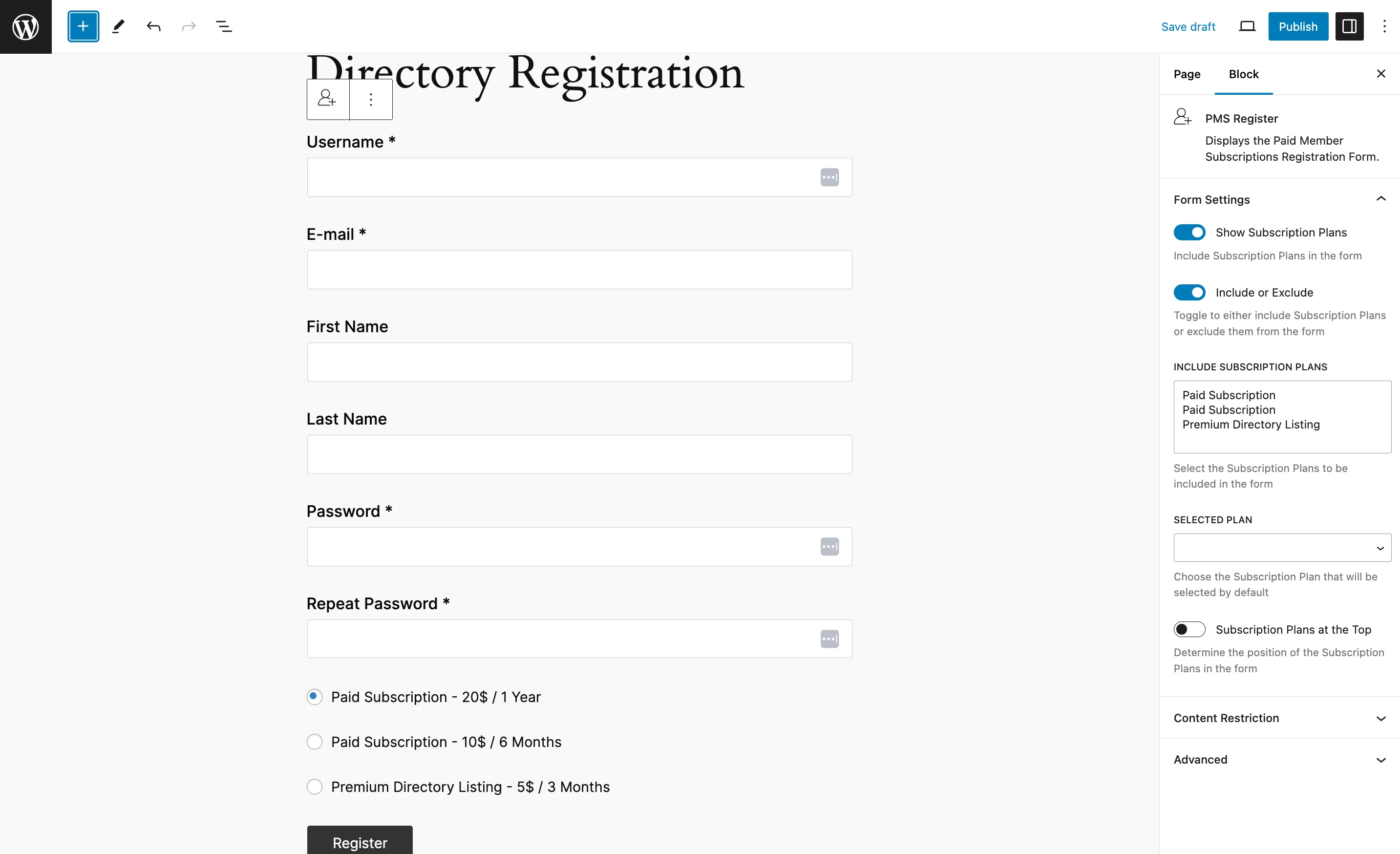 An example of a registration form for a premium WordPress business directory