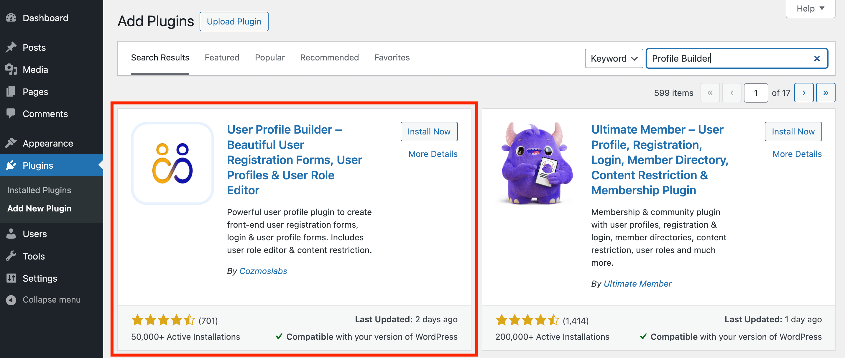Installing the free Profile Builder plugin for WordPress to password protect content