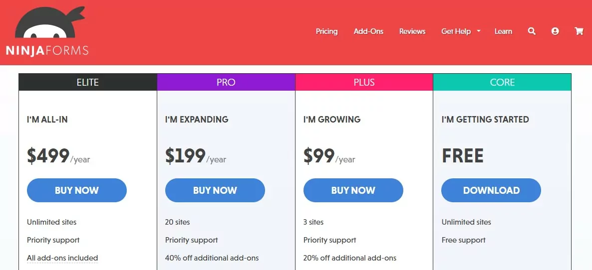 Ninja Forms Pricing page
