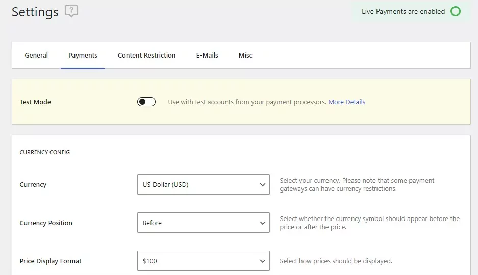 Configuring payment settings in Paid Member Subscriptions for your WordPress registration form with payment
