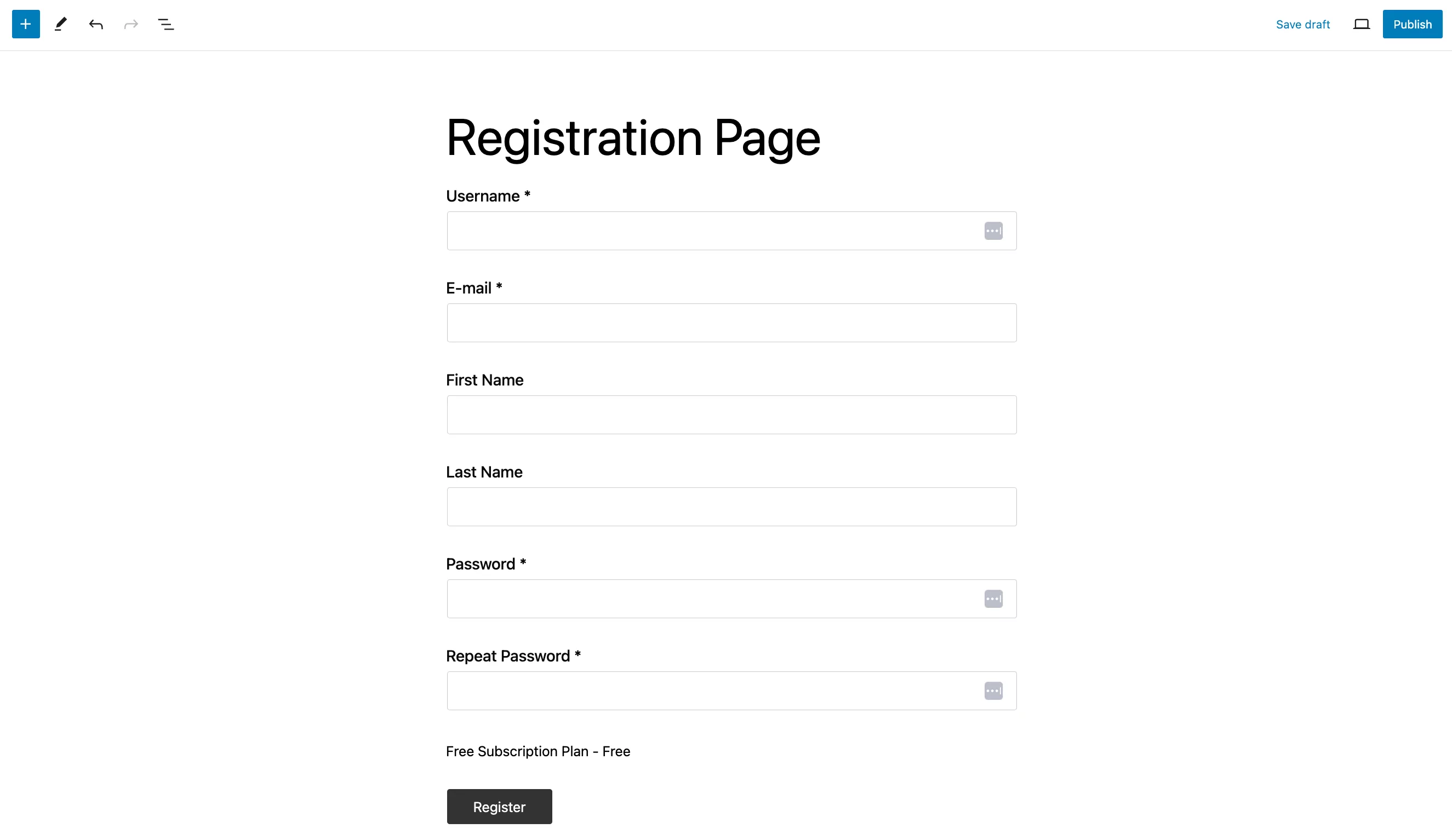 A Registration page with a free subscription plan option