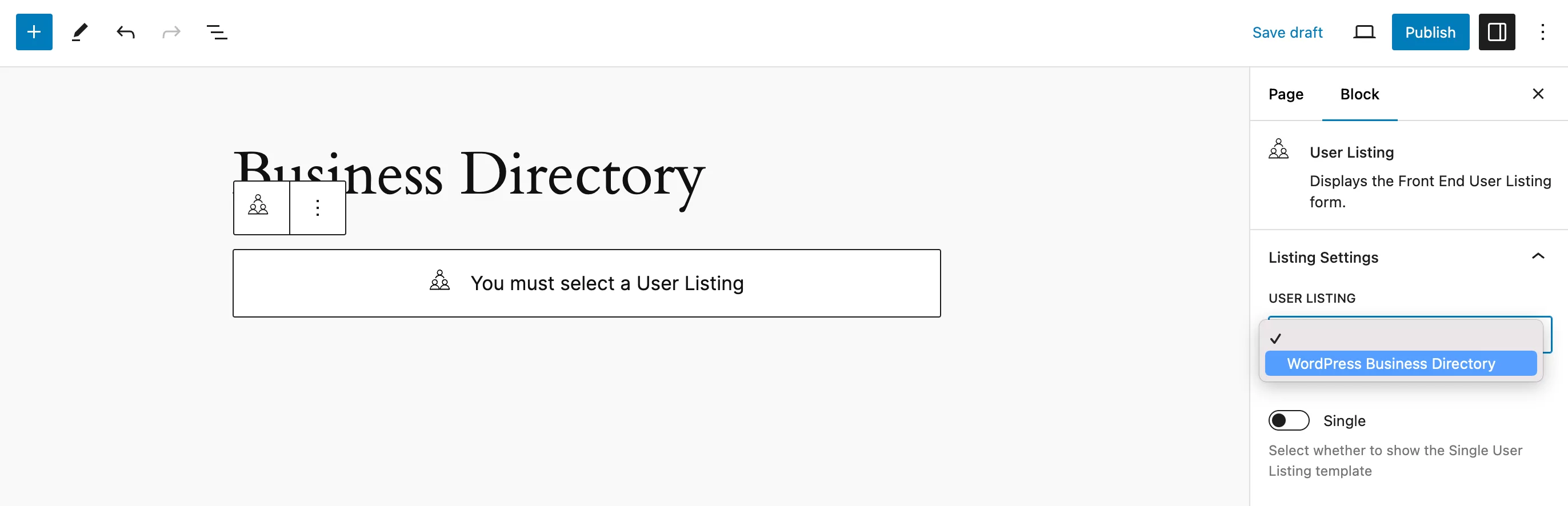 Selecting your WordPress business directory for the User Listing block
