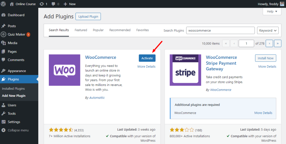 activating woocommerce plugin