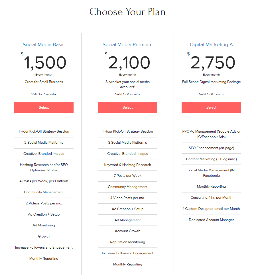 Pitschy pricing table